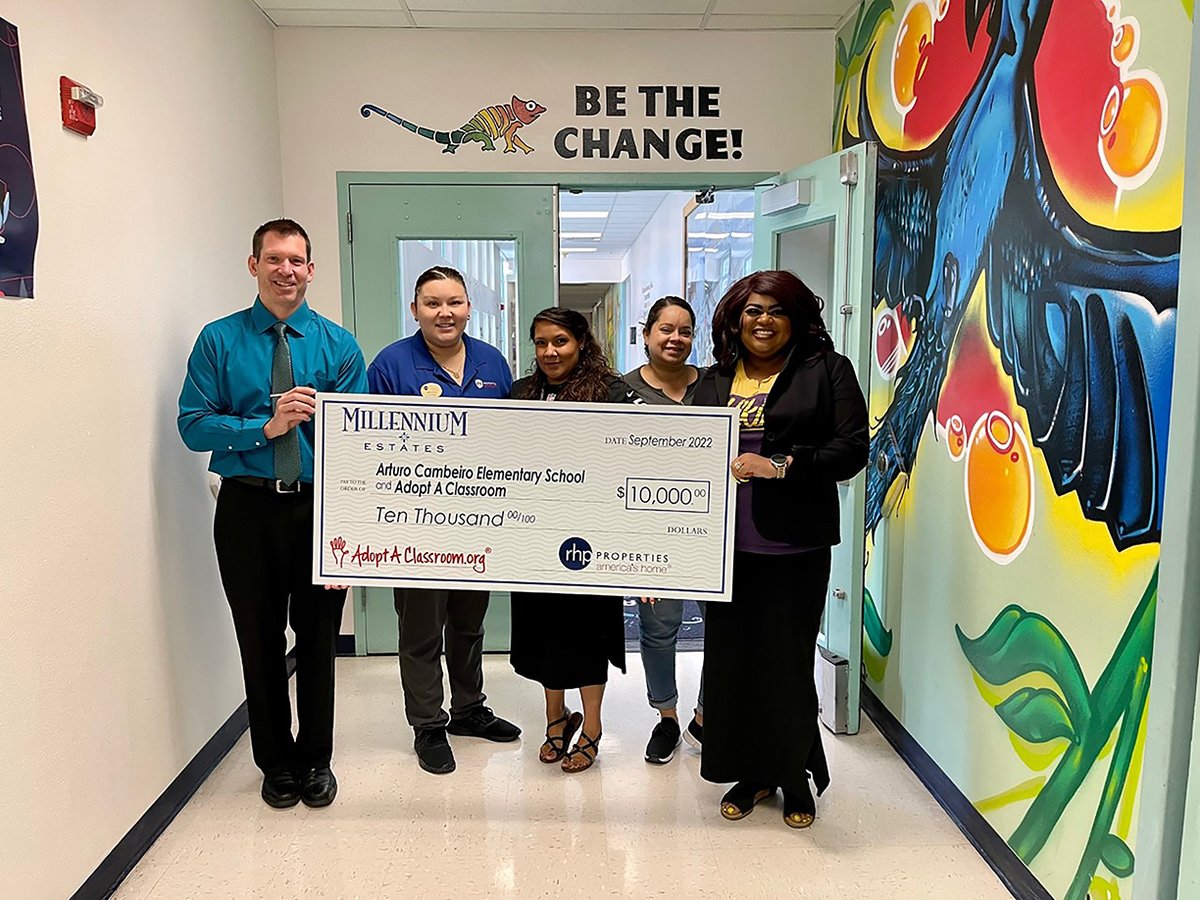 CCSDEngage's tweet photo. RHP Properties representatives surprised teachers at Arturo Cambeiro Elementary School with a $8,000 donation to be used to purchase classroom educational materials and supplies through https://t.co/aVxc4HaT49.  
@ClarkCountySch #ccsdcommunity https://t.co/z18buPXeoq