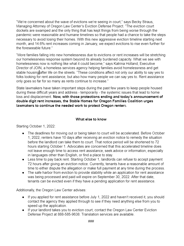 For families already struggling, a 14.6% rent increase is an eviction notice. And right now court evictions are already up 119% - YES 119% - over last year. Here is our statement on today's announced rent increase, evictions, and the coming end of protections. #orpol #orleg
