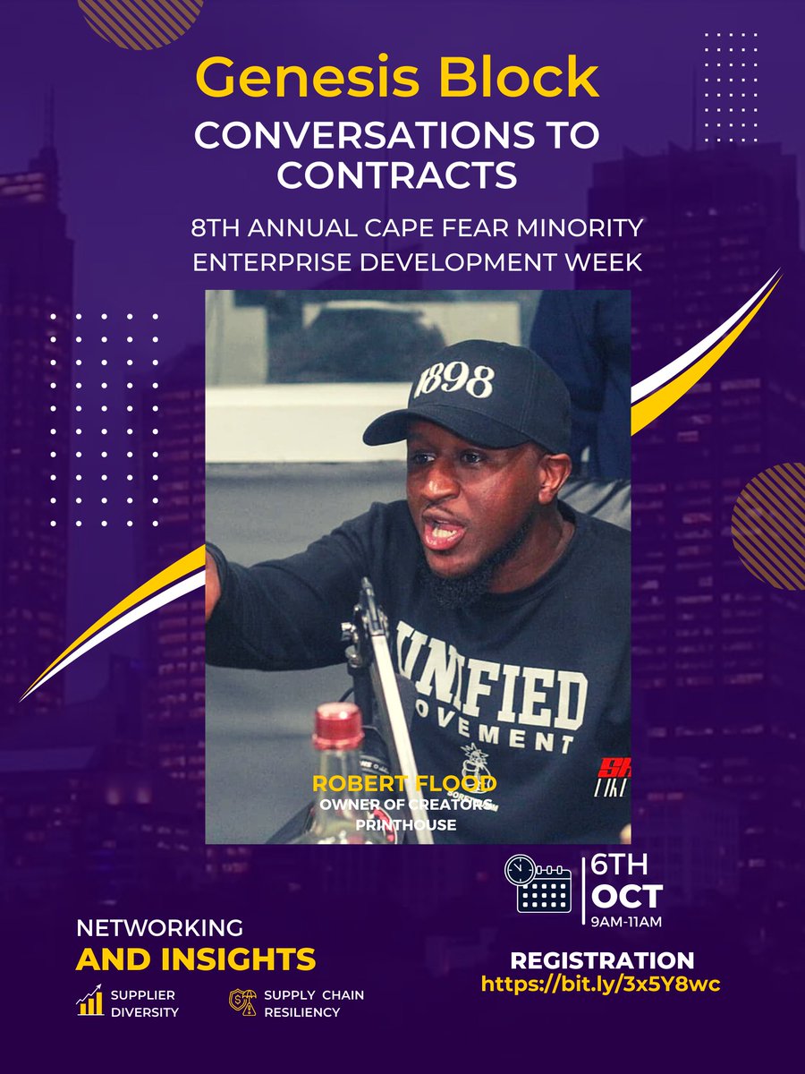Come check out the talented entrepreneurs of Creator's Printhouse featured exhibitors at <a href="/block_ilm/">Genesis Block ILM</a> Converting Conversations to Contracts at the <a href="/wilsoncentercf/">Wilson Center at CFCC</a> October 6 9am-11am

Register here  zcu.io/UVDy 

#blackownedbusiness #blackowned #smallbusiness <a href="/cfcc/">CFCC</a>