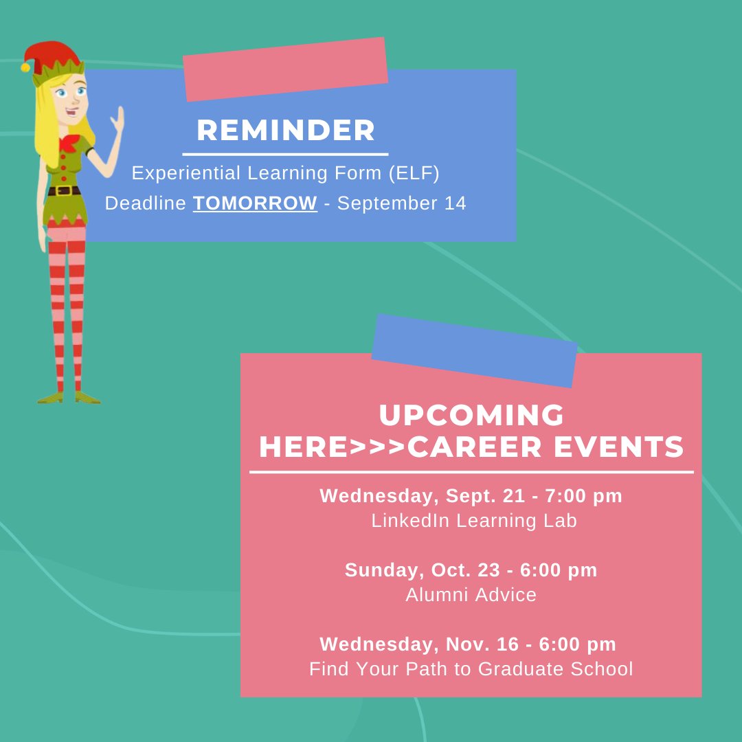 AU_WSP's tweet photo. ❗REMINDER❗ @au_wsp and @au_gap students - The ELF Deadline is tomorrow! 

Also, make sure you mark your calendars for upcoming Here to Career events. Be on the lookout for the Zoom links to access these events from Amy Morrill Bijeau email, morrill@american.edu. https://t.co/VX04q3uQzf