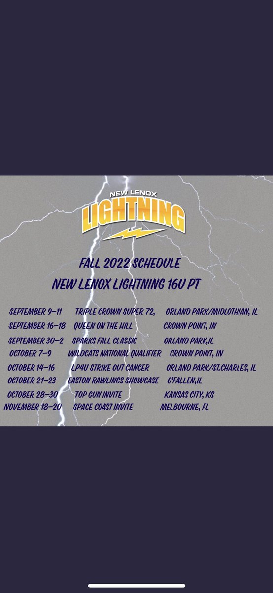samjaro9's tweet photo. Here is my schedule for New Lenox Lightning Phil Taylor this fall, so excited to play with these girls!!! @LWEGriffins @LenoxPt @LWE_SB @BadgerSoftball @NCAASoftball @Vol_Softball @CowgirlSB @PurdueSoftball @FurmanU https://t.co/keLg1bTL4r
