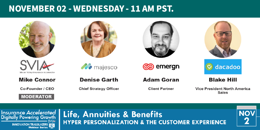 SVIAccelerator's tweet photo. Join @MikeatSpice of SVIA @denisegarth of @Majesco_Inc Adam Goran of @emergn @blakeahill of @dacadoo at Our Free #InsurTech #Webinar | Info → https://t.co/AOc4wtHYzp | #LifeAnnuitiesBenefits #HyperPersonalization #CX #ThoughtLeaders #Insurance #SVIAEvents https://t.co/DH019oQeXt