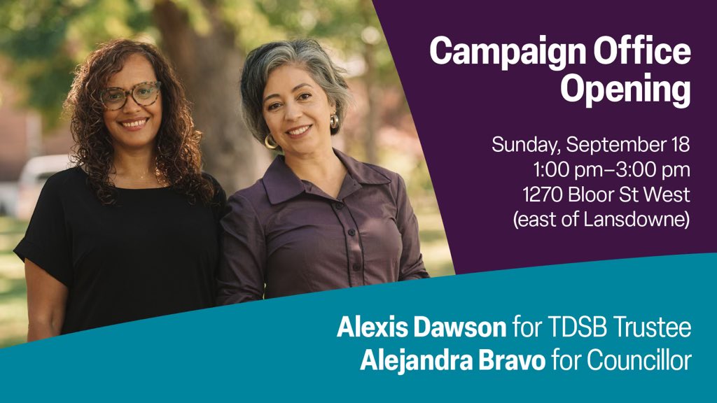 AlexisDawsonTO's tweet photo. Super excited to share that @BravoDavenport and I are having our official Campaign Office opening on Sun, Sept 18 from 1-3pm! Join us at 1270 Bloor St W to find great people, good times, music, guest speakers and more. Come celebrate with us! RSVP here: https://t.co/OCA12VnCRQ https://t.co/FeUAjnrCpi