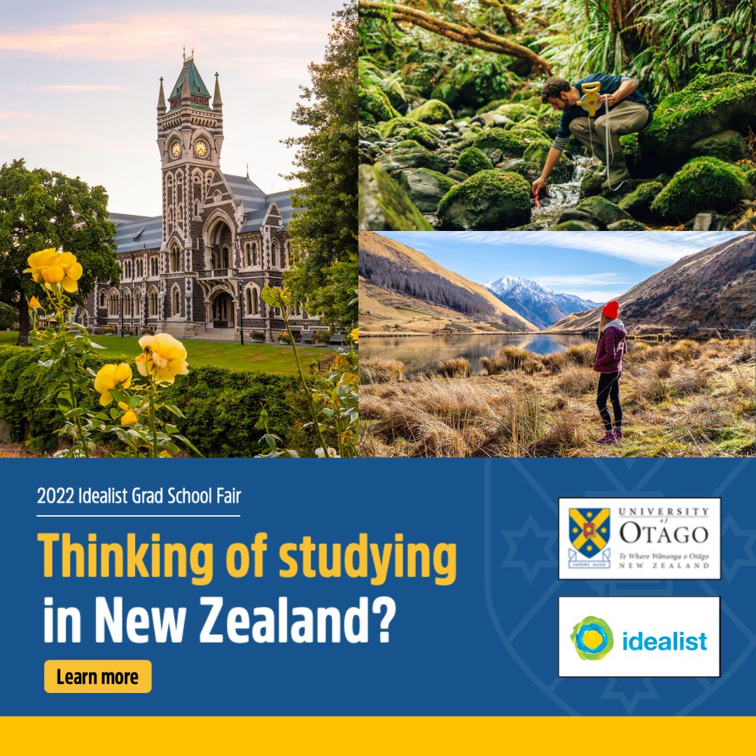 Meet us at the 2022 Idealist Grad School Fairs! Explore your graduate programme options at the University of Otago, New Zealand's first university ✈️🎓 To RSVP: San Francisco: Wed 12 October | bit.ly/3BvXyu5 Los Angeles: Thur 13 October | bit.ly/3BAmpgo