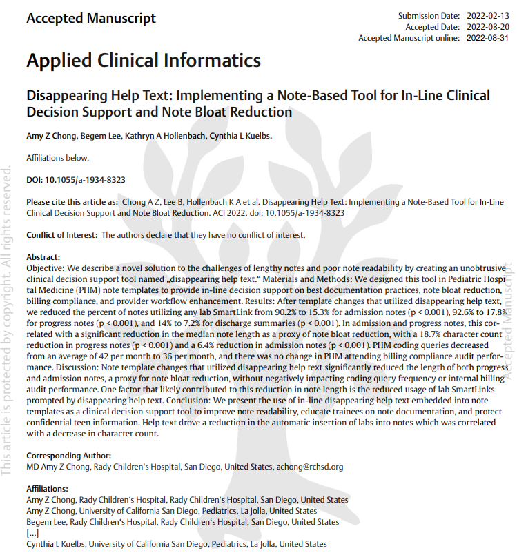 CALonghurst's tweet photo. Important work from @UCSDMedSchool / @radychildrens team published in @ACI_Journal shows that disappearing help text in the #EHR significantly reduced the percent of both note bloat and coding queries without decreasing compliance! cc @EpicShares
👉https://t.co/FrVxAoy05K https://t.co/iaJsGPCsC1