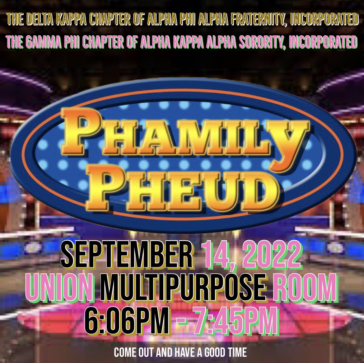Come out and have a good time with The Delta Kappa Chapter of Alpha Phi Alpha Fraternity Incorporated and the Gorgeous Gamma Phi Chapter of Alpha Kappa Alpha Sorority Incorporated tomorrow in the Union Multipurpose Room. 💗🖤 #ALPHAStateUniversity