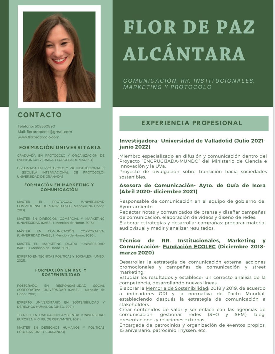 florprotocolo's tweet photo. Me encuentro en búsqueda activa de empleo y he decidido compartir mi cv también por aquí. ¡Nunca se sabe!

Lo que más me gustaría es pertenecer a un proyecto con el que implicarse e ilusionarse, en el que crecer y hacer crecer.

#Comunicación #Protocolo #Sostenibilidad #Empleo https://t.co/k2xCWPiSoC