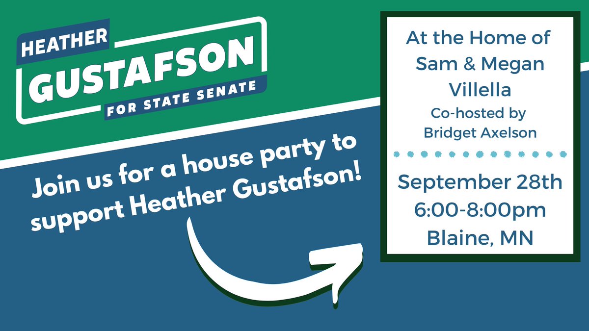 My wife &amp; I are hosting a gathering at our Blaine home in support of <a href="/gus_heather/">Heather Gustafson</a>’s  #SD36 campaign with light appetizers &amp; tasty beverages- please join us- 
DM for address
<a href="/SenateDFL/">Minnesota Senate DFL</a> @FlipMNSenate