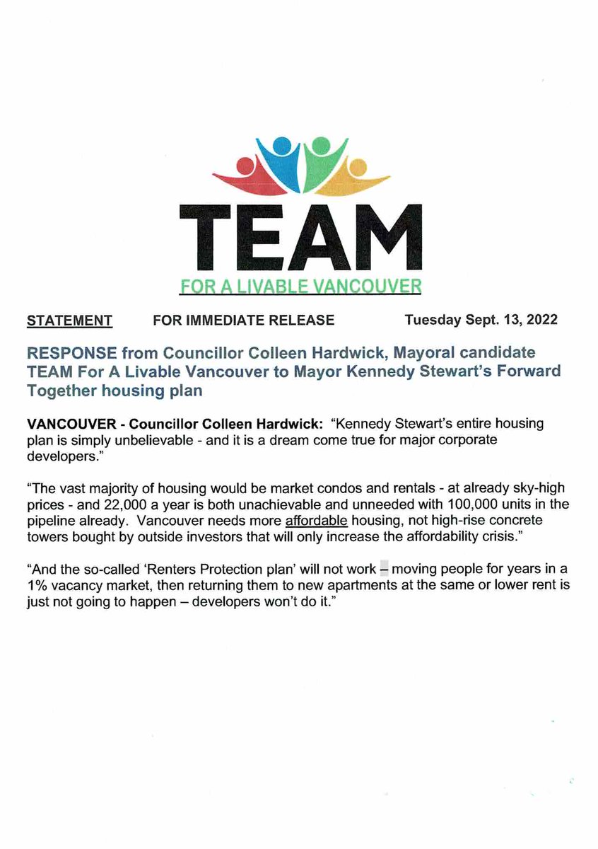 BillTieleman's tweet photo. TEAM on Kennedy Stewart housing plan - Councillor Colleen Hardwick:  “Kennedy Stewart’s entire housing plan is simply unbelievable - and it is a dream come true for major corporate developers.” 1/4 #vanpoli #Vancouver #BCPoli @vote4team https://t.co/V909hSZa4n