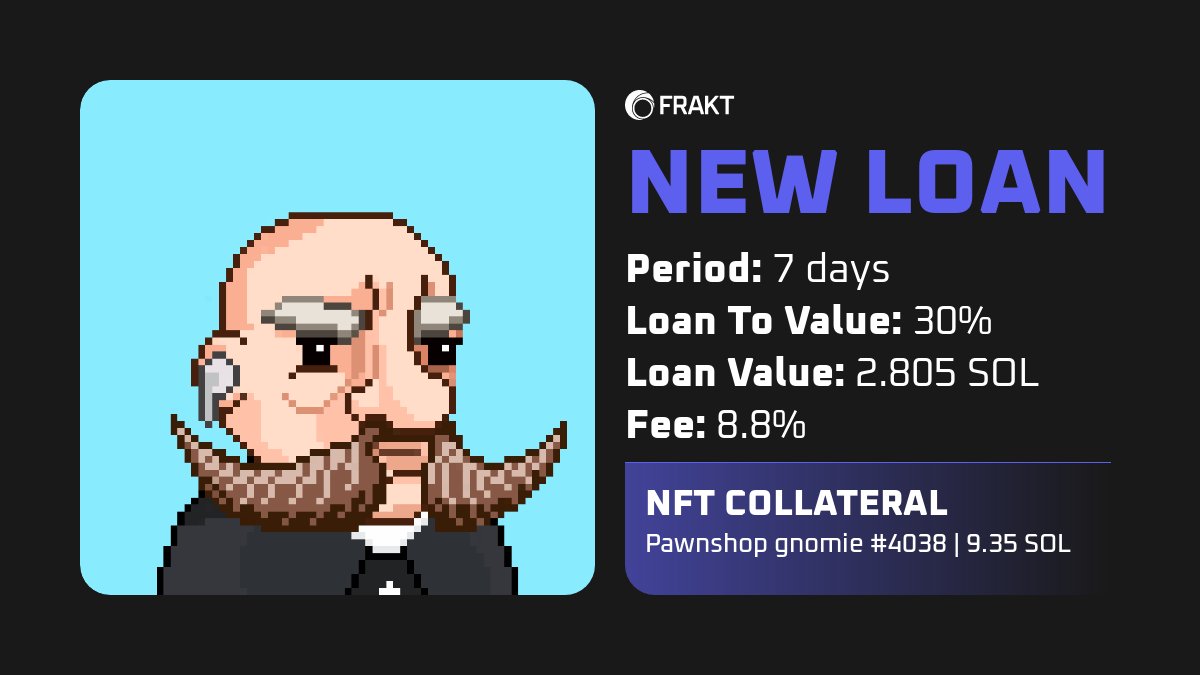 FRAKT_Updates's tweet photo. It would have been easier to just stay nice and cozy in the wallet. Instead Pawnshop gnomie #4038 stepped up and backed a 7 days, 2.805 SOL loan. GG! https://t.co/QwJaTWcZ9J