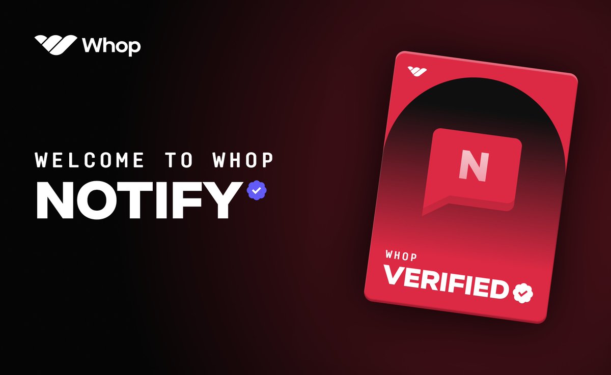 We're excited to announce @Notify is now a verified partner on Whop 🥳 Safely join Notify today - whop.com/notify We're giving away two FREE 30-day Notify memberships to celebrate! Like + Retweet for a chance to win 🔻