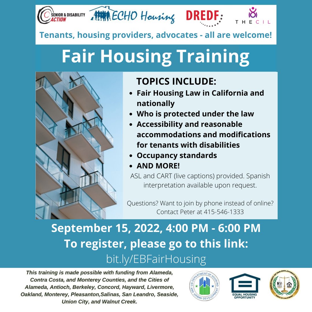 TheCILOfficial's tweet photo. Do you have questions about #FairHousingLaw? Whether you're a #tenant, a #PropertyOwner, a #HousingProvider, an #advocate, or something in between, you and your questions will be welcome at our workshop!
@sdaction1 @ECHO_Housing @DREDF https://t.co/xkkynCynoU