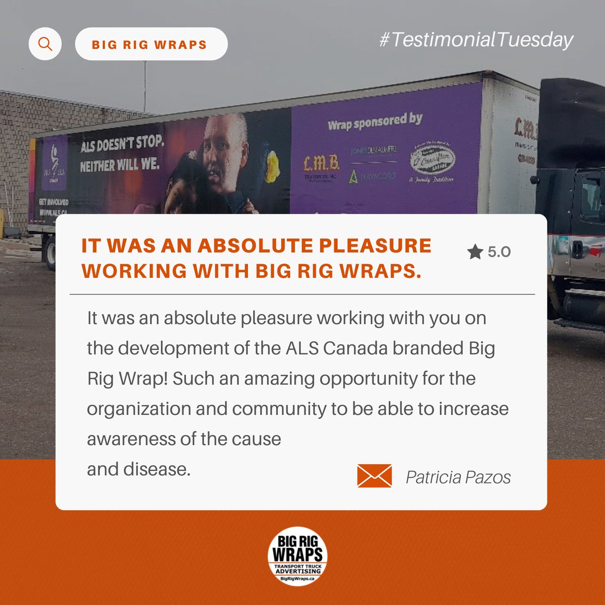 bigrigwraps's tweet photo. Putting eyes on your cause and brand is what we do best! Thank you Patricia!
#BigRigWraps #TestimonialTuesday #Transportruckadvertising #ALSCanada https://t.co/i2De7aAFng