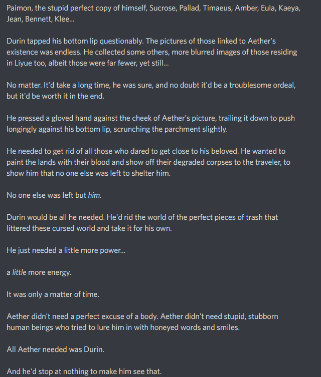 FlowerofFira's tweet photo. Been a while since I wrote Durin x Aether. Let's bring him back, shall we? 

(Still not sure what the ship name is, so we gonna add Albedo to be safe since they're identical in appearance.)

Day 5: Yandere - #Durinther #Albether 

#DeadDoveAetherShipWeek https://t.co/vJXTOPPeG5