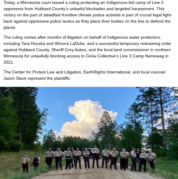 Police blockade of Indigenous-led camp protesting Enbridge's Line 3 was ruled unlawful in court today. Hubbard County targeted activists & illegally prevented access to Camp Namewag, part of Giniw Collective's resistance to the Line 3 pipeline. via @ThePCJF & @GiniwCollective