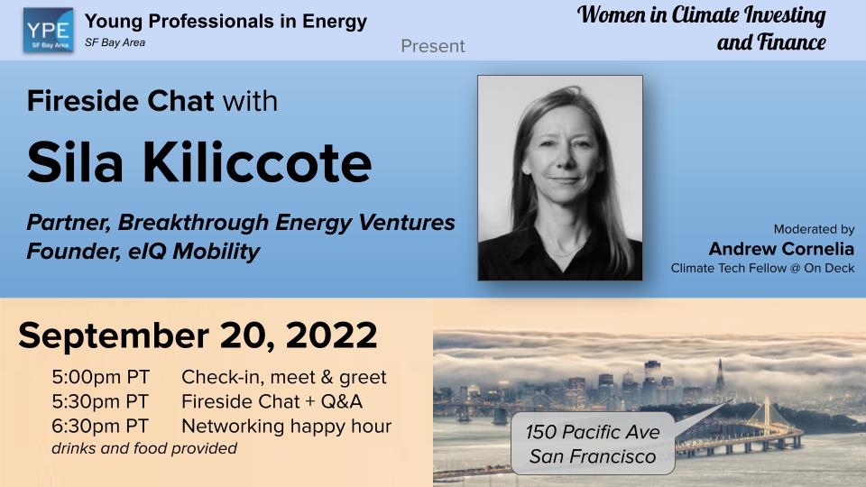 Join <a href="/YPE_BayArea/">YPE SF Bay Area</a> for a fireside chat on Sep 20th in partnership with <a href="/womenclimateIF/">Women in Climate Investing & Finance</a>. In this event, Sila Kiliccote will have a discussion on #gridintegration, #electrification, distributed energy resources, buildings, &amp; more.

Register here: ow.ly/B4kU50KIy3w
412541702337