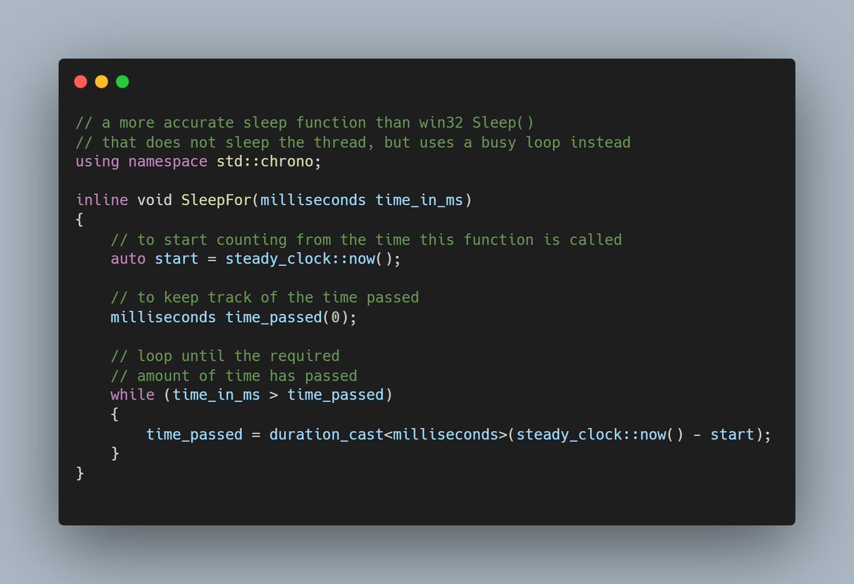 BillelAdam's tweet photo. Did you know that Sleep(1) sleeps way more than 1 millisecond on Windows?
here is a better sleep function that can sleep for 1 millisecond in C++ 😃
#programming #cpp https://t.co/IbcjS765jT