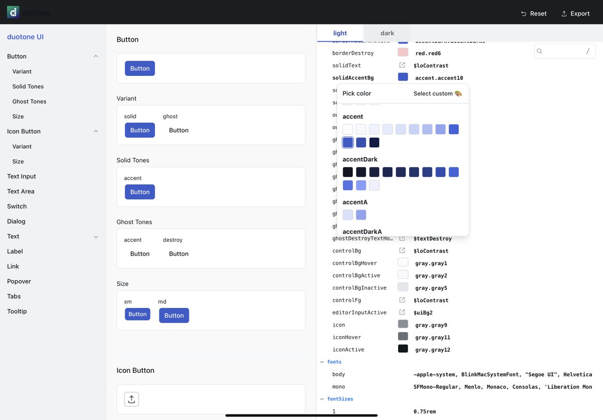 matejlauko's tweet photo. I’ve been hacking on duotone —an open-source design theme editor. It helps style UI components quickly and see changes live.

Alpha version is out there for anyone to try out
Demo: https://t.co/IOZVHlIT0q
GH: https://t.co/6PYPK72q9u https://t.co/xwu1LFwoxF
