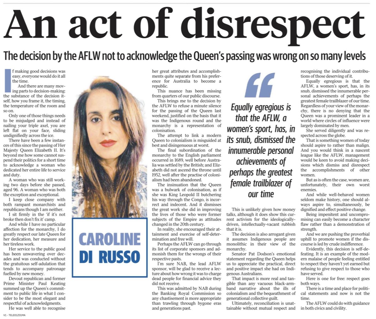 CaroDiRusso's tweet photo. 'Evidently, this decision is self-defeating. It is an example of the modern malaise of people feeling entitled to respect they haven’t yet earned but refusing to give respect to those who have served. Here is one for free: respect goes both ways.'

Me for @dailytelegraph #auspol https://t.co/3yNil76Vl9