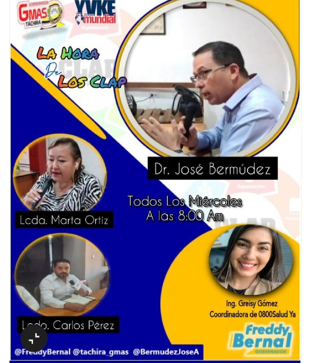Mañana #Miércoles #14Sept a partir de las 8am, sintoníza la 94.5 FM <a href="/YvkeTachira/">Yvke Tachira</a> para encontrarnos en *"La Hora de los Clap"* el programa de las Comunidades, tendremos como invitada a la Ing. <a href="/GreisyA_Gomez/">Greisy Gómez</a> Coordinadora Regional del 0800 Salud Ya
*#ClapTachiraAtencionSocial