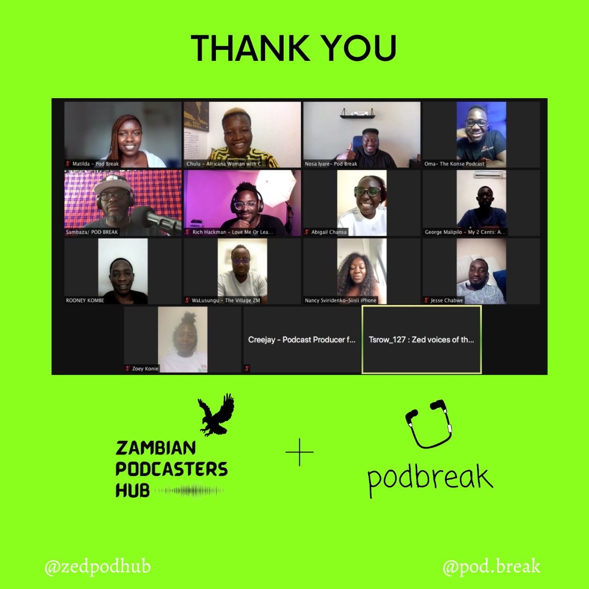 We had an amazing meet & greet with @ZedPodHub last weekend. There is so much that we can do together.

Look forward to our next event where we'll be discussing 'Black Tax'. Here on Twitter Spaces. Sunday, 2nd Oct  @ 12pm EST (18hrs CAT)

#ZedpodHub #Podbreak #AfricanPodcasters