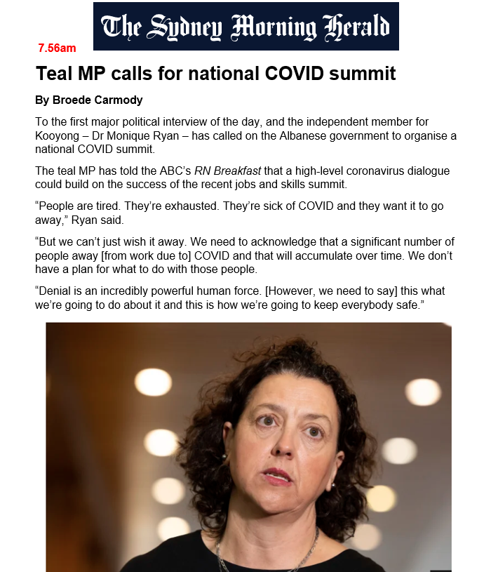 Teal MP Dr Monique Ryan calls for national COVID summit

#COVID19Aus #COVIDsummit #auspol @Mon4Kooyong
