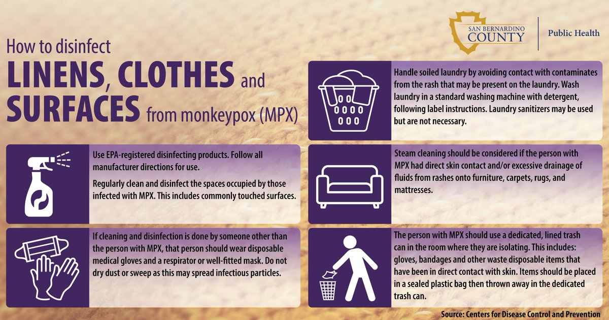 sbcountyph's tweet photo. Disinfecting areas where a person with monkeypox (MPX) has spent time is recommended. During the infectious period, body fluids, respiratory secretions, and lesion material from people with MPX can contaminate areas of occupancy. https://t.co/TCEbiua5DW