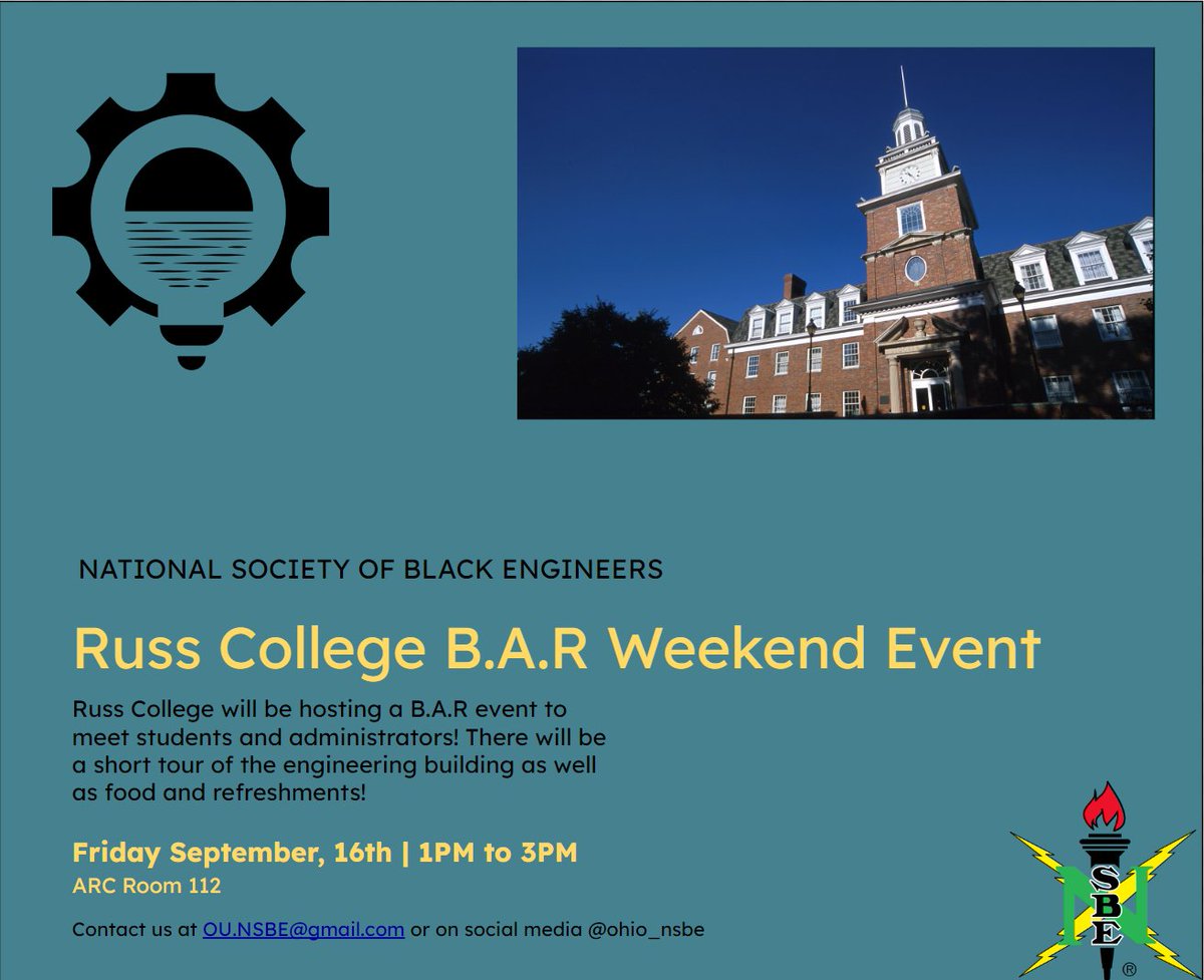 Hello everyone! Russ college will be hosting a BAR event to meet current and former students and some administrators. There will also be a short tour of the engineering building and there will be food and refreshments! It will be held on September 16th from 1-3PM in ARC room 112!