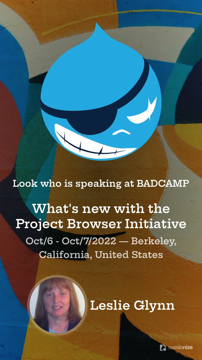 BADCamp's tweet photo. Come see @leslieglynn  as she talks more about the Project Browser Initiative and current state of the initiative,  and how the Drupal community can get involved.

BADCAMP Oct 6 &amp; 7 in Berkeley, CA Register at https://t.co/B7qNODesB3
#BADCAMP #Drupal #DrupalCamp https://t.co/SIGaG6JXC7