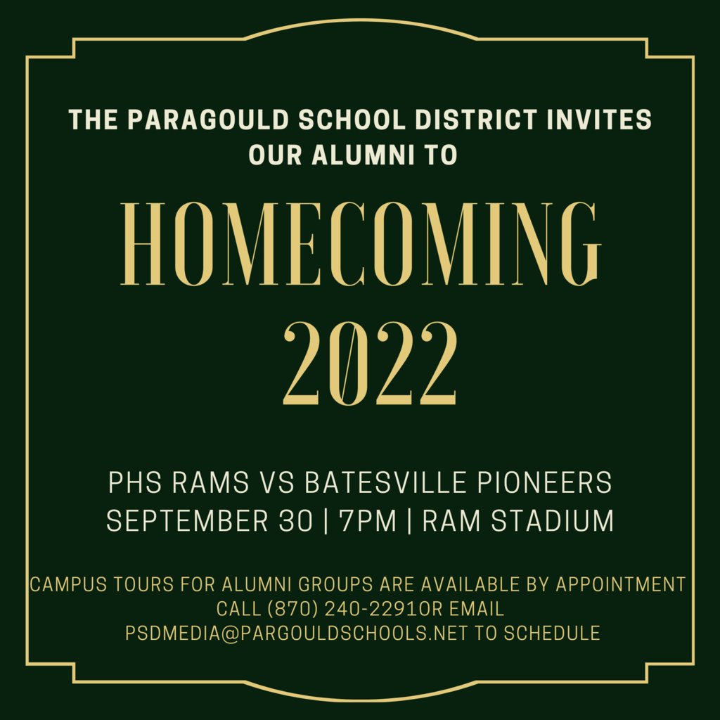 phsrams1's tweet photo. The Paragould School District is excited to invite our alumni to attend Homecoming 2022 on September 30th! Please help us spread the word. We would love to see lots of alumni in our stands!
#PSDRams
#RiseUpRams
#RamsUp! https://t.co/xtXVmxYeji