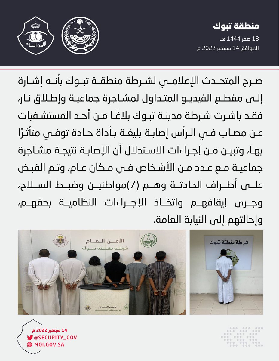 #شرطة_تبوك
القبض على (7) أشخاص إثر مشاجرة بينهم.