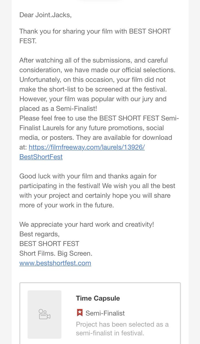 【ご報告】
監督作品「タイムカプセル」が
カナダのBEST SHORT FESTにてセミファイナリストに選ばれました〜！🇨🇦✨

惜しくもファイナリスト(なら映画祭にて上映)は逃しましたが、これもプラスに捉えて次回作に繋げます💪🔥

#カナダ　#映画祭　#タイムカプセル　#TimeCapsule