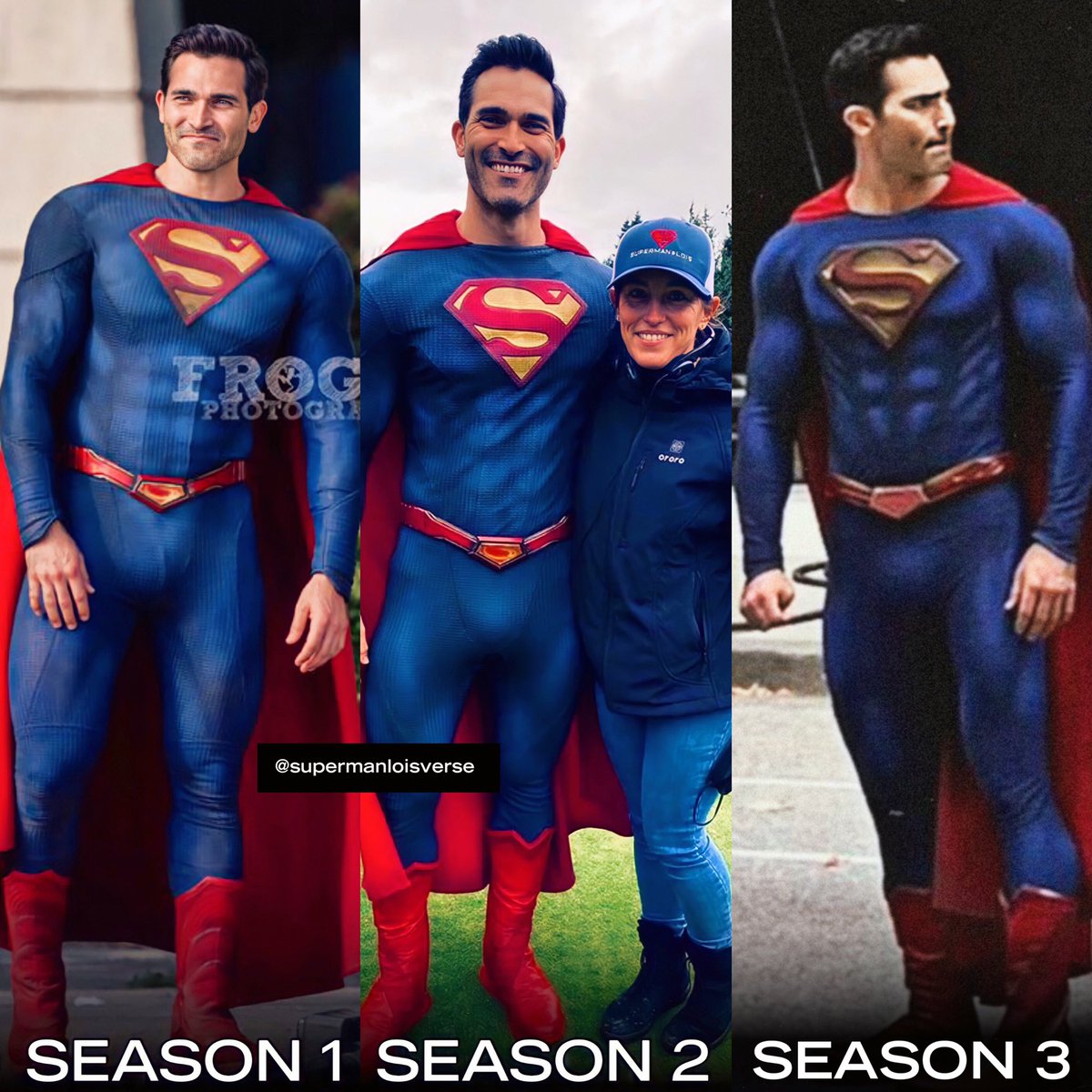 DCUPRIMETV's tweet photo. Tyler’s suits throughout 3 seasons of #SupermanAndLois 🔥 
Hopefully we get a better or an official look at the new S3 suit soon! https://t.co/La1Fdw3Ziv