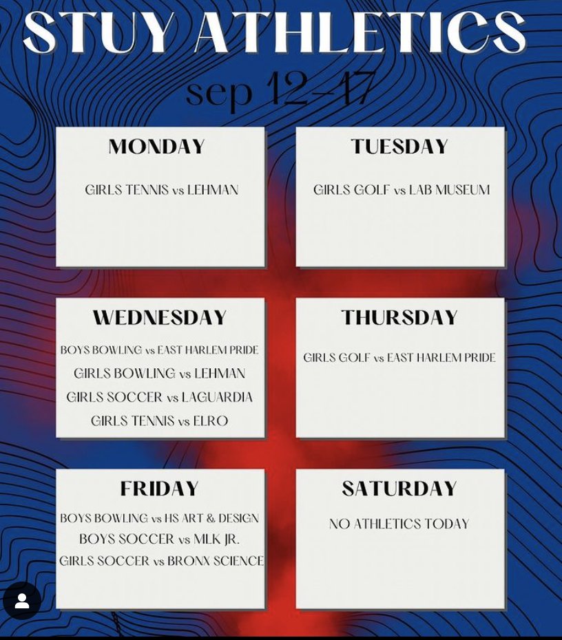 StuyNY's tweet photo. Show some #StuySpirit and support Stuy Athletes at a game or meet this week! Find the @StuySports monthly calendar at https://t.co/vu1eFD22jc at this link.https://t.co/YhDuBVKJMl  #StuyFunFact – Stuy has 43 PSAL teams! You can follow @StuySports on IG. #stuypride #StuyStrong https://t.co/VIHkiqRlO5