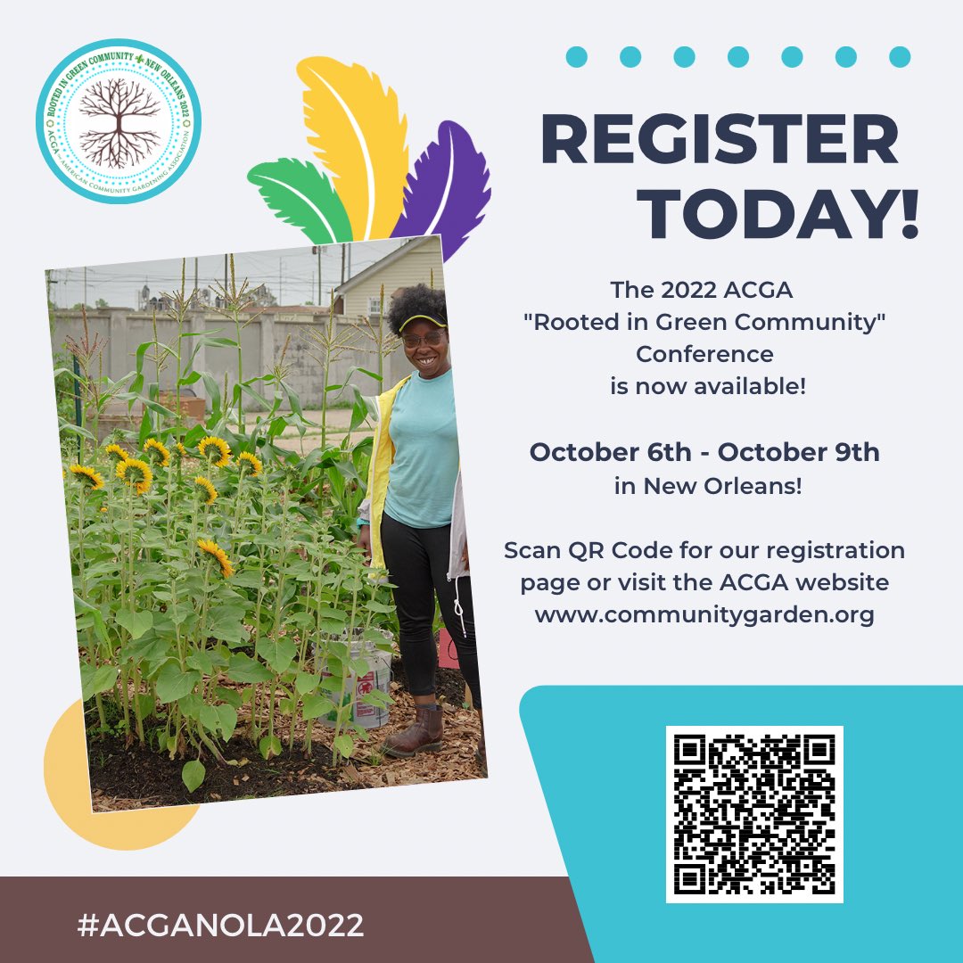 #acganola2022 our annual @communitygardeningacga conference hosted in #neworleans Oct.6-9
'Rooted in Green Community' #foodsecurtiy #communitygardeners #composting #supportlocal #watersmart  #foodsovereignty  #healthysoil #communityleadership #volunteermanagement #acganola2022