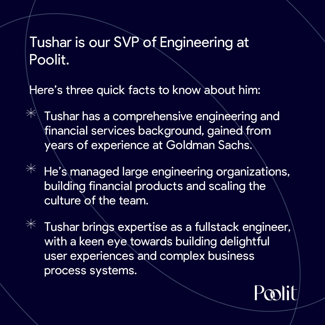 thepoolit's tweet image. This week, Poolit’s bio series looks at Tushar Nair, our Senior Vice President of Engineering. 

Tushar leads our engineering efforts as a fullstack engineer, aspiring to build delightful user experiences that help increase access to exclusive alt investing.

#investing #engineer