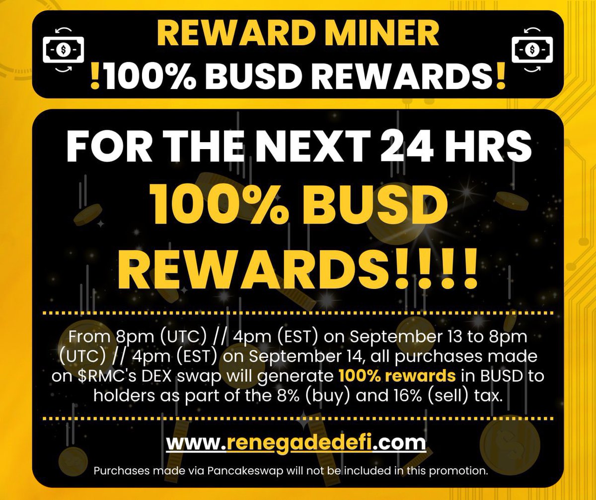 How we’re giving back to the community who have supported us.

✅8% Buy tax from our Sell-less swapper🔥
✅100% of Buy and Sell tax through our swapper will be distributed in BUSD holder rewards until 4pm EST on the 14th of September🔥

Then Monthly burn wallet buy.  
Boom 💥
