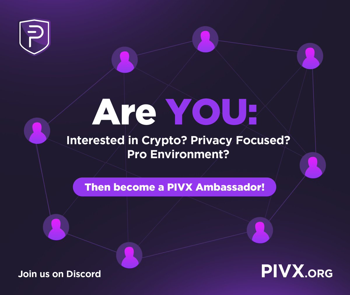 _PIVX's tweet photo. "#PIVX Ambassadors are International Volunteers who engage with the community locally and online." 

If YOU are interested in #Crypto, you're Pro-Environment and if #Privacy is important to you, then please join us at https://t.co/TYxfeYMd7c. https://t.co/0qbc4wnJNG