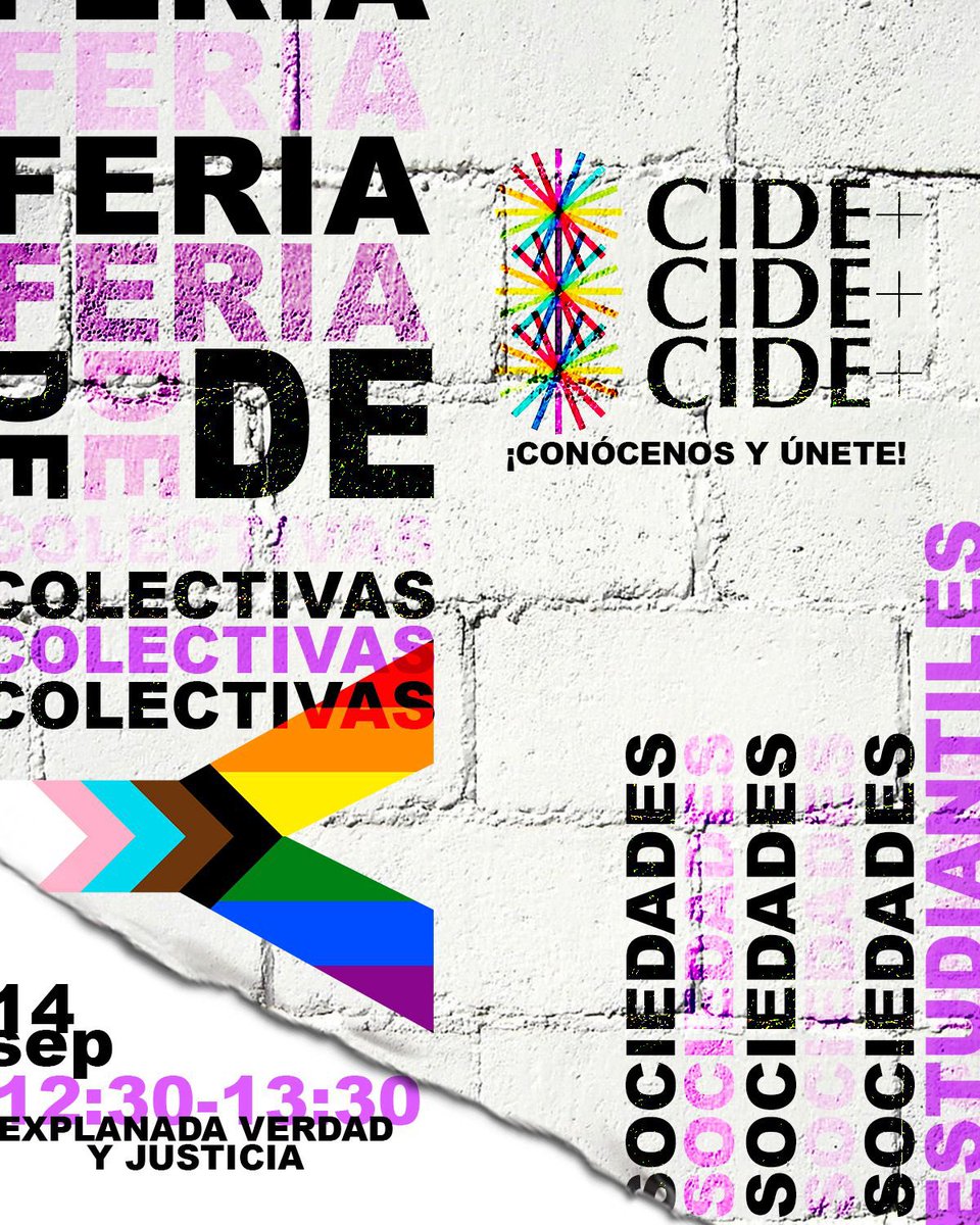 Estimades! ‼️🏳️‍🌈🏳️‍⚧️

Invitamos a todes les estudiantes del CIDE a visitar la Feria de Colectivas y Sociedades Estudiantiles mañana de 12:30 a 13:30 en la explanada Verdad y Justicia.

¡No falten! 🥳🏳️‍🌈🏳️‍⚧️