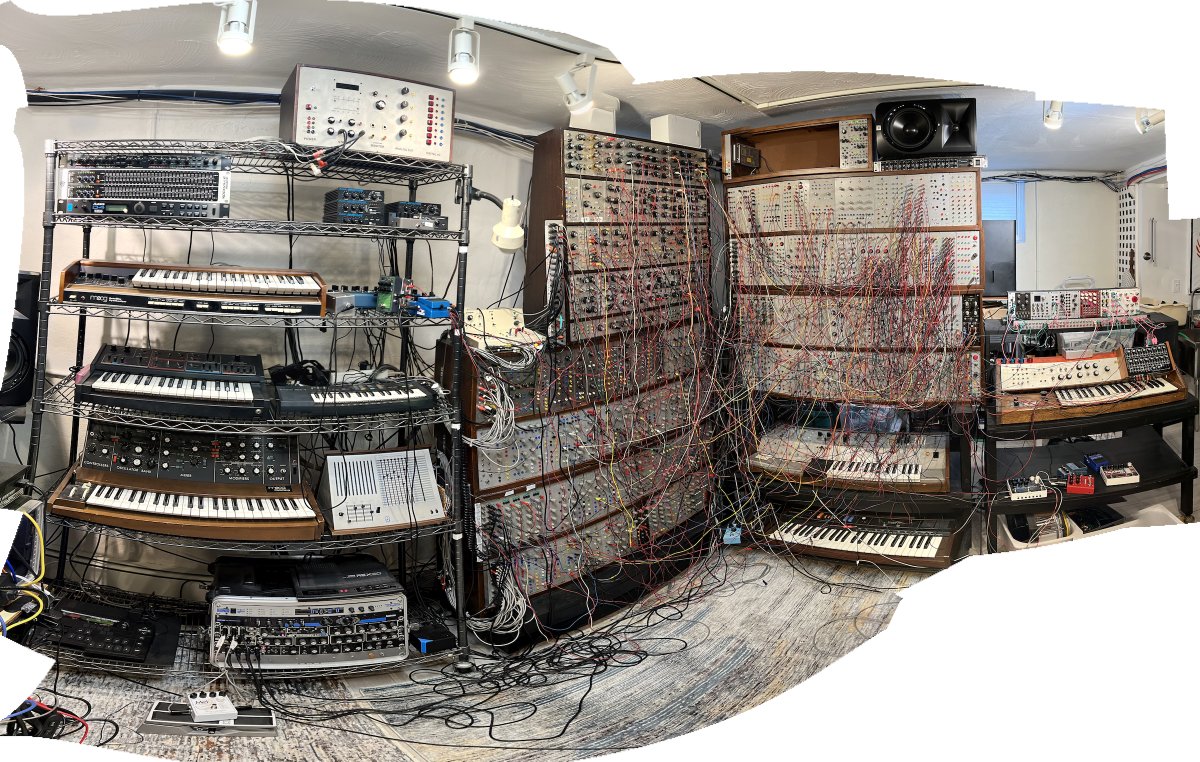 ModularSynth's tweet image. OK, I plan to pull the synth stream down within an hour or so now - it's had a good run, and I'm going to push the gear into new places very soon - stay tuned and also follow ParadisoModular on YouTube for more. Panoramic photo of this patch at peak below.