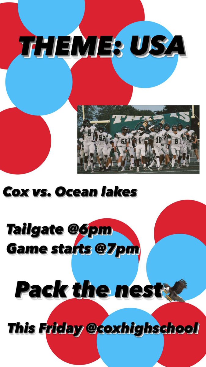 Your falcons are playing this Friday. Wear Red, White, and Blue! <a href="/FrankWCoxHS/">Frank W. Cox HS</a>