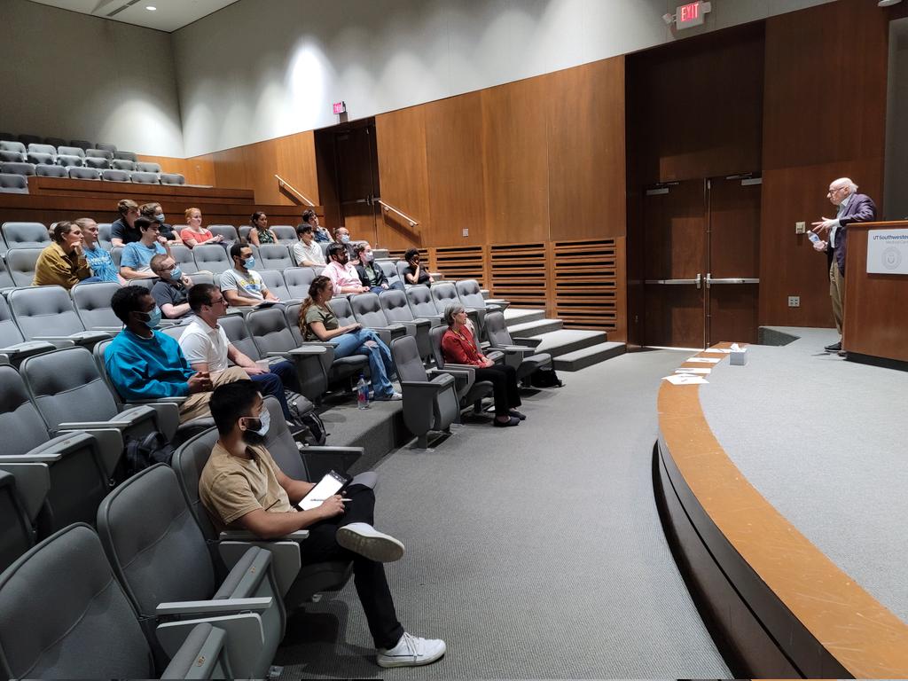 After Dr. Joe Goldstein's main presentation for 3MD Metabolism Masterclass this afternoon, we politely excused the 116 or so other attendees, leaving these 19 <a href="/UTSWGradSchool/">UTSW Graduate School of Biomedical Sciences</a> students behind for Q&amp;A with Dr. G.