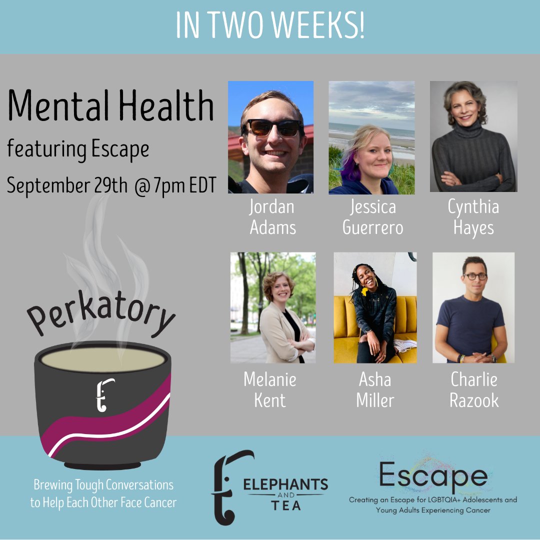 #Mentalhealth during & after cancer treatment needs to be talked about...Join us in a few weeks! Introducing...Perkatory all about MENTAL HEALTH! We will hear from 6 authors from our most recent mag issue. We will also hear from @ESCAPE_AYAC. Register: elephantsandtea.com/perkatory/