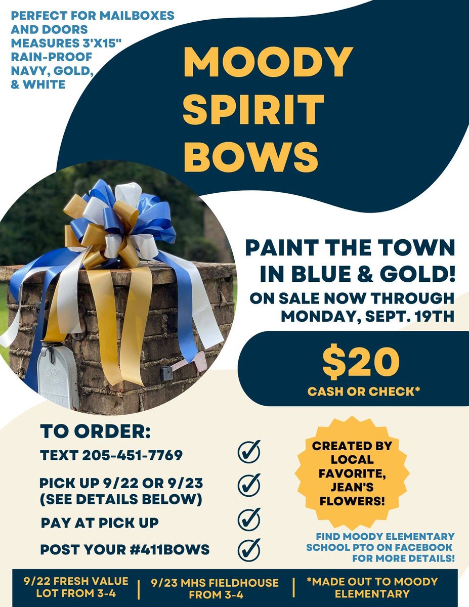 MES PTO is selling bows for doors and mailboxes to promote community spirit during Homecoming. Don't miss out on this opportunity to show your Moody pride!
