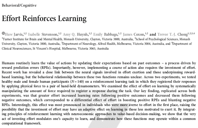 Excited to share the first empirical paper of my PhD! Out this week in #JNeurosci @SfNJournals 🧵1/7 We sought to clarify the effect of effort on learning using computational modelling of choice behaviour in a reinforcement learning paradigm.