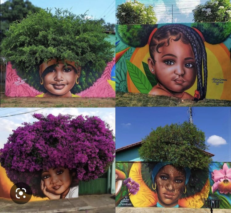 JerryFirth's tweet image. Amazing artwork by Fábio Gomes Trindade which incorporates existing nature into spectacular murals
with the help of trees that sit above his vibrant paintings, the artist produces portraits that only show part of the head and lets nature do the rest of the work.