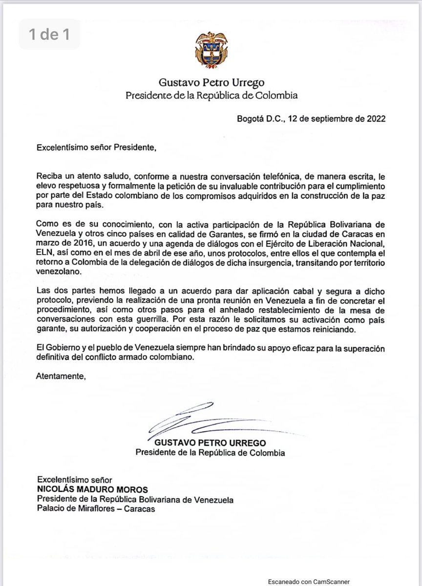 Esta es la carta que envía el Pdte de Colombia al Pdte de Venezuela, solicitando que este país participe en condición de garante en los diálogos con el ELN. 🧵