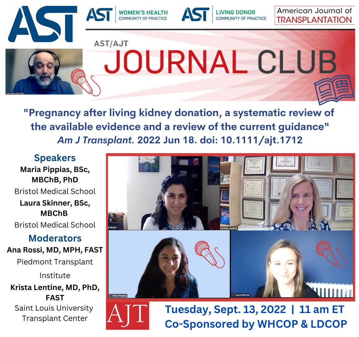 KristaLentine's tweet photo. Honored to co-moderate🎤@AST_info| @amjtransplant #JournalClub on ‘#Pregnancy after #LivingKidneyDonation’ presented by @maria_pippias➕#LJS_Skinner
• #Donation took donors from lower than average➡️general risk | More long-term data are needed
•🙏🏾@whcop➕@AST_LDCOP for hosting! https://t.co/QhGh8VFrTj