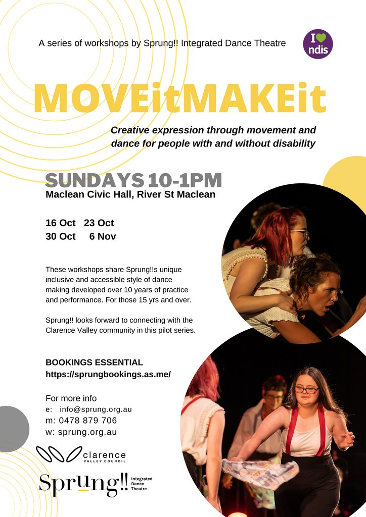 Sprung!! workshops are coming to Maclean!

Join facilitators Katie Cooper-Wares and Jade Dewi for Move it -Make it: A four week series of Sunday morning dance workshops starting 16th October at Maclean Civic Hall. 

Bookings essential! info@sprung.org.au