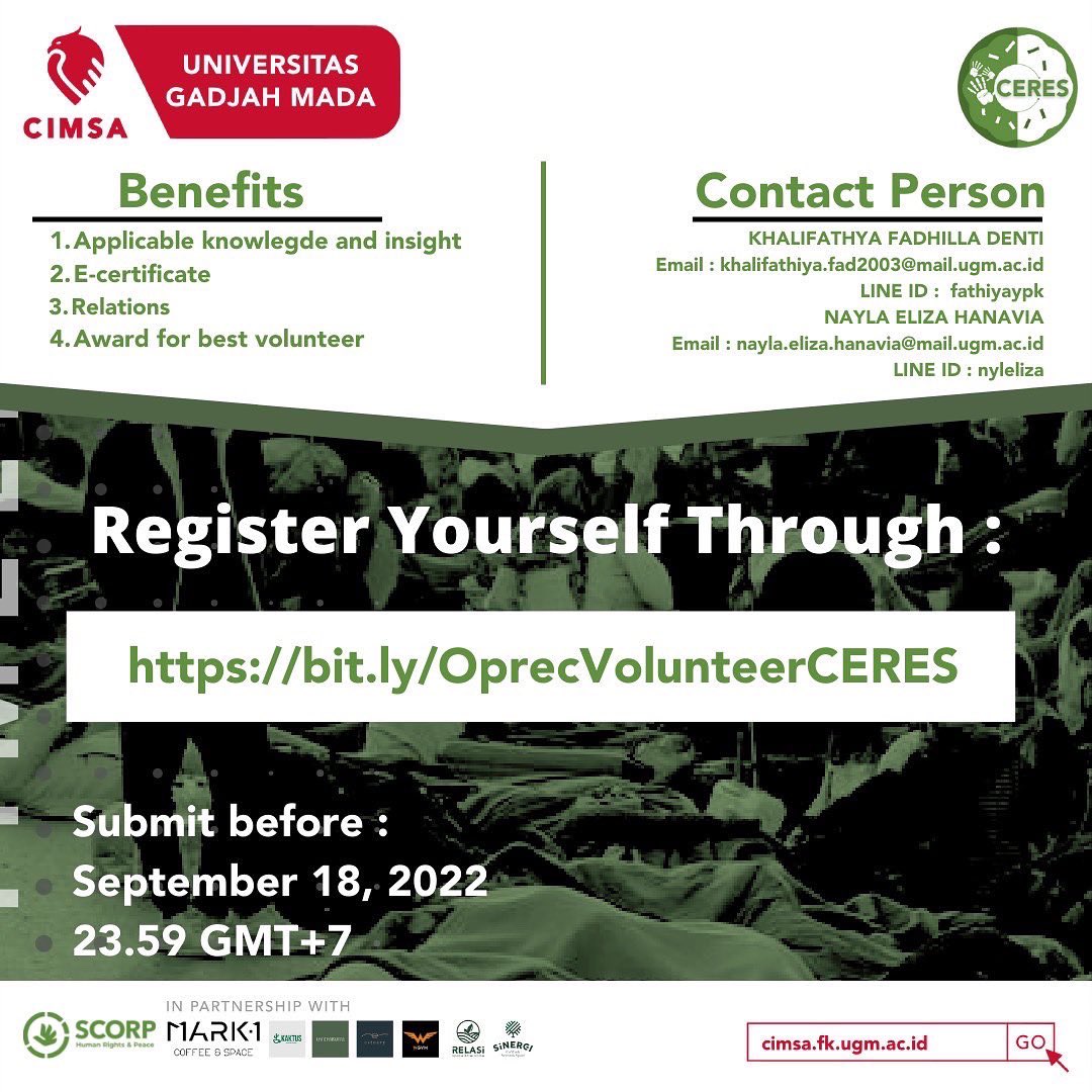 [CERES 2.0: SCORP Cares for Refugees I Volunteer Open Recruitment l]

SCORP CIMSA UGM open opportunities to help raise awareness regarding this issue by participating in our air campaign activities as part of the CERES 2.0 event. If you see a need, take the lead!